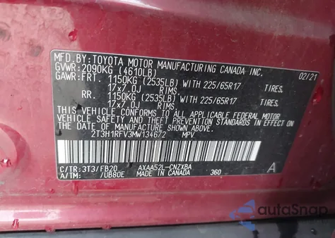 2021 Toyota Rav4 Le из США, поврежденный, VIN 2T3H1RFV3MW134672